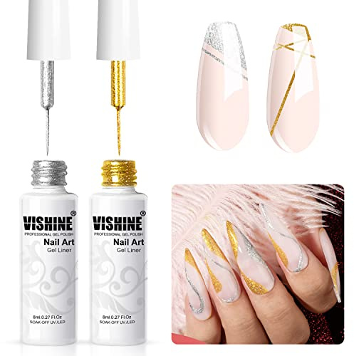 Vishine Esmalte en gel semipermanente, 2 colores, delineador de uñas en gel con purpurina dorada y plateada, pintura en línea de esmalte de uñas en gel, 8 ml