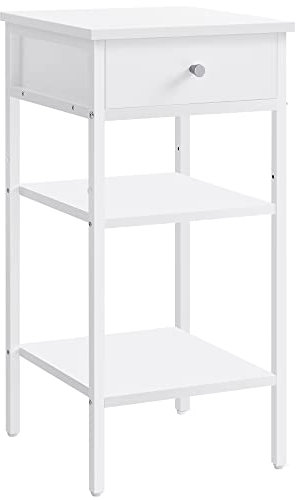VASAGLE Nachttisch, Beistelltisch, hoch, mit Einer Schublade und 2 offenen Fächern, 1 verstellbare Ablage, platzsparend, verstellbare Füße, modern, weiß LET502B14