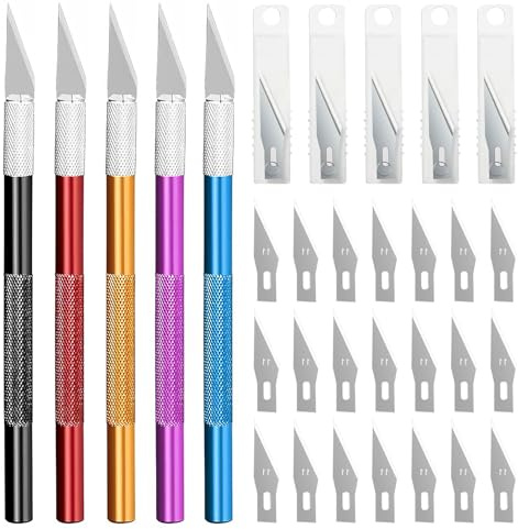 Rustark 5 Stück Hobbymesser Bastelmesser mit 25 Klingen, Cuttermesser Hobbymesser Schnitzmesser Cutter für Kunststoffmodelle Gundam Art Hobby Craft