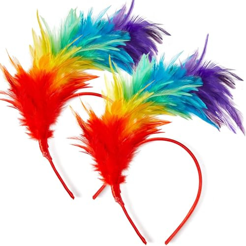 Cindeer 2 Stück Regenbogen Feder Stirnbänder LGBT Gay Pride Zubehör Fascinator Karneval Kopfschmuck Süßer Feder Haarreif Party Kopfbedeckung Cosplay Haarband für Karneval Hochzeit Kostüm Halloween