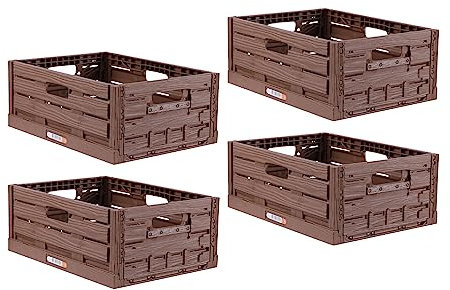 Bestlivings Stabile Faltbox 4er Pack Holzdesign 40 x 30 x 16,3cm (LxBxH) Stapelbarer Faltbarer Einkaufskorb 16L - Robuste Klappkiste - Gemüsekiste Obstkise