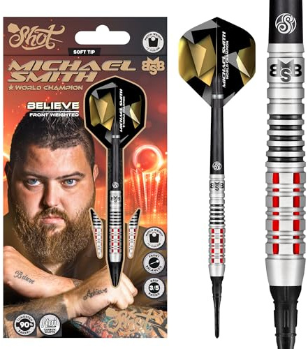 Shot Soft Darts Michael Smith Bully Boy Believe 90% Tungsten Softtip Darts Softdart Hochwertige Tungsten Dartpfeile Set mit Schäften und Flights Made in Neuseeland