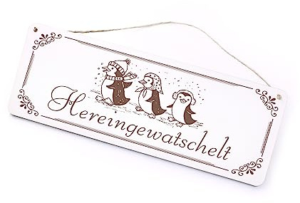 Schild mit Gravur Hereingewatschelt Winter Pinguin Familie - Türschild Willkommen Vintage Ornament Dekoschild Deko - 20 x 7,5 cm