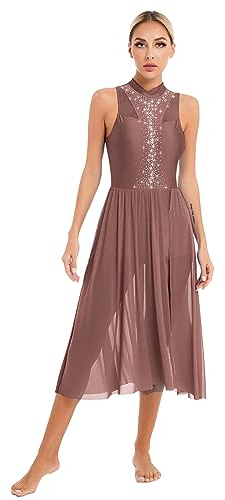 iEFiEL Tanzkleid Damen Glitzer Lyrisches Tanzkleider Ballettkleid Standard Ballsaal Walzer Tango Mit Strass Vintage Swing Kleid Lange Midi-Rock Xb Rötlich-braun Glitzer M