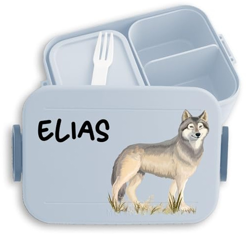 Kinder Bento Box Midi Lunchbox für Mepal Bentobox - Wolf mit Name personalisiert I Wolfsmotiv Geschenk Wölfe - 900 ml - Hellblau - brotdose jausenbox fächern maple take a break personalierte