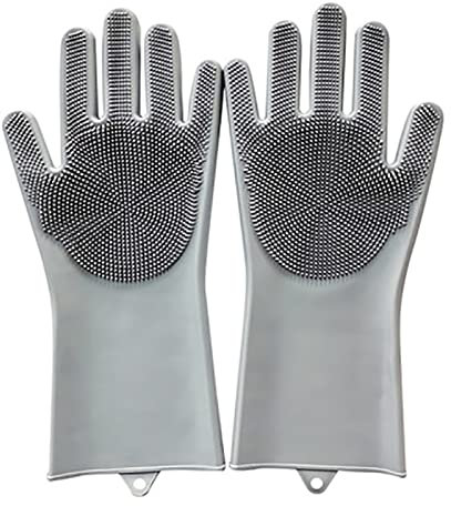 DUnLap Cleaning Gloves 1Pair Dishwashing Cleaning Gloves Magic Silicone Rubber Dish Washing Sponge Glove for Household Scrubber Kitchen Clean Tools Eco Friendly Cleaning Gloves(Gray)