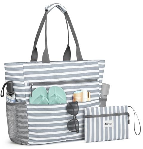 G4Free 35L Strandtasche Familie & Badetasche Faltbar Groß/Wasserdicht/Leicht für Shopping Strandurlaub und Schwimmbäder, Graue Streifen