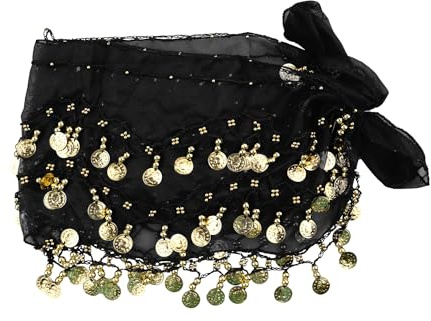 Rumyve Belly Dance Hip Scarf With Glitter Sequin Coins - Skirt Wrap for Performance, Yoga Class Costume (Black)