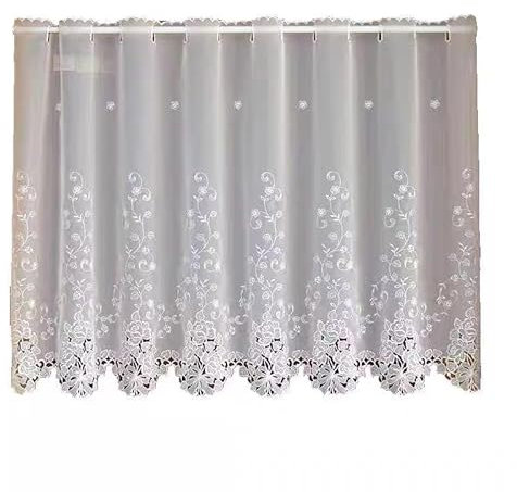 ❀ kurze Gardinen, Café-Vorhang, durchsichtig, for Küche, kurzes Fenster, Volant, Country-Art, bestickter Gaze-Halbbildvorhang, Weiß, B x H 150 x 90 cm (Farbe: Weiß, Größe: B x H 150 x 75 cm). ( Color