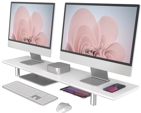 Fenge Grand support pour écran 100cm Dual Monitor Stands Riser avec pied réglable en hauteur,Support d'ordinateur multifonctionnel pour PC/ordinateur portable/TV, 100x23.5x(9.2-11.2) cm Blanc
