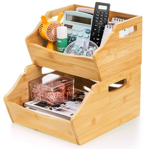 Cididu 2 Pack Bamboo Stackable Storage Bin, Countertop Open Front Stacking Bins, 2 Tier Organize Basket Box with Handle, Food Fruit Container for Cabinet, Kitchen, Studio, Office