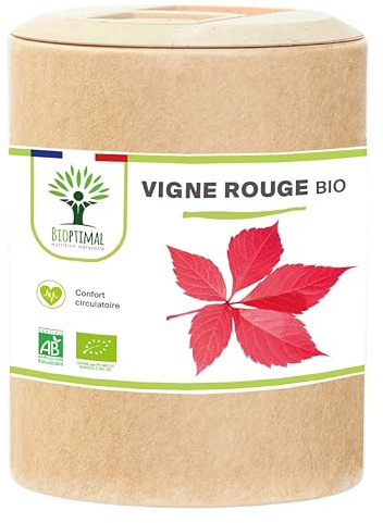 Vigne rouge Bio - Complément alimentaire Bioptimal - Jambes Lourdes Peau Saine Circulation Sanguine Hémorroïdes - 300 mg de Feuille de Vigne x gélule - Made in France - Certifié Ecocert - 200 gélules