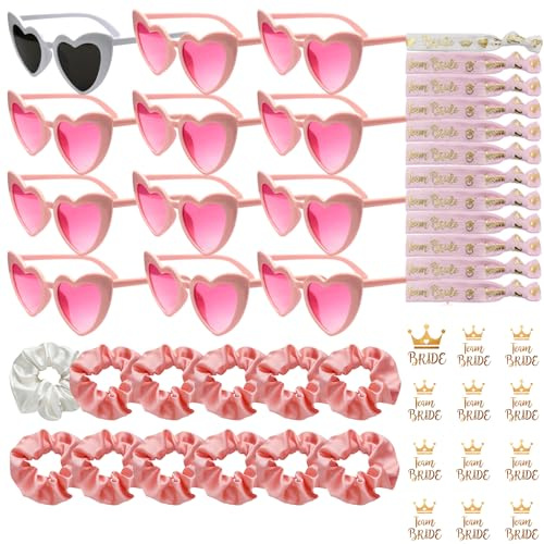 YeahBoom 48 Stück JGA Brille Team Braut,Bride to Be Herz Brille Set,12 Herz Sonnenbrille+12 Bride Haargummi+12 Bride Tattoo Aufkleber+12 Bride Armband,Jungesellinnenabschied Frau Accessoires,JGA Deko
