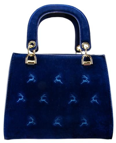 Alpenflüstern Trachtentasche Samt mit Hirschstickerei - Damen Handtasche, Schultertasche fürs Dirndl, Tasche zur Tracht, Dirndltasche mit Metallelemente (blau) DTA099