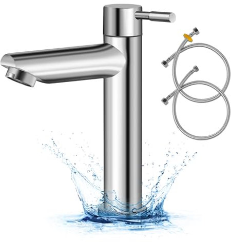 Basin Taps Mixers, Bathroom Sink Tap Stainless Steel, Single Lever Cold Water Basin Mixer Tap with Standard 3/8 and 1/2 Hoses, Modern Taps for Bathroom WC