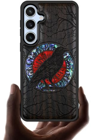 Carveit Designer Wooden Case for Samsung Galaxy S24 FE Case Cover [Wood Engraving & Shell Inlay] Compatible with Wireless Chargers S24 FE Case (The Haloed Crow-Blackwood)