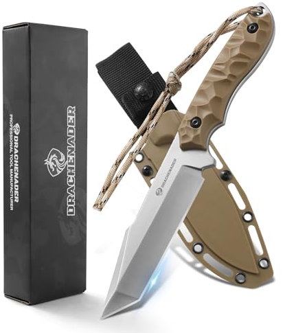 DRACHENADER Tanto Messer B-ER-TANTO POINT, Jagdmesser 13 cm Klingenlänge, 5Cr14MoV Stahl, Full Tang Messer Outdoor, Gürtelmesser mit ABS-Griff für Camping, Wandern (D-Klinge Silber-Khaki)