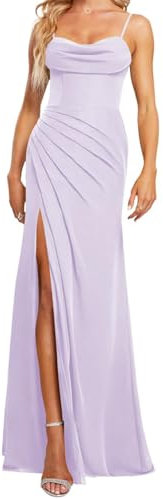 KURFACE Abito da damigella d'onore in chiffon con scollo ad anello e spalline sottili per donne con spacco plissettato lungo abito formale, Lilla, 62 Più