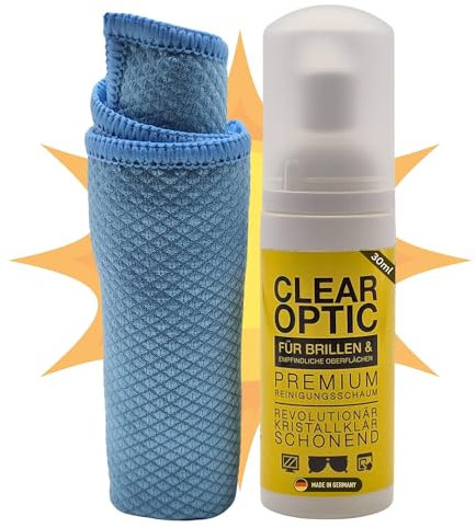CLEAR OPTIC Brillenreiniger Schaum 50ml und Mikrofasertuch – Brillen Reinigungsspray gegen Fingerabdrücke & Schmutz - Brillenputzspray für Glas und Kunststoffgläser - Streifenfreie Brillenreinigung