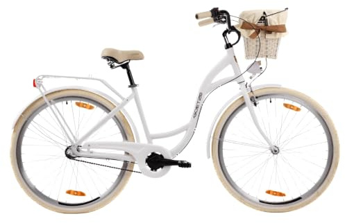Goetze Style 28 Zoll Laufrad Damen CityBike Komfort Fahrrad mit 3-Gang | 18 Zoll ALU Rahmen, Tiefeinsteiger, 14 kg, Rücktrittbremse & V-Brake, LED-Beleuchtung, Rattankorb, Gepäckträger & Klingel