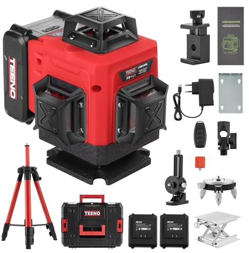 TEENO Rotatif Niveau Laser 360°x4,4D 16 Line Verte, Batterie Rechargeable 4800 mAh x 2, Niveaux Laser avec Télécommande et Trépied, avec Affichage Numérique LCD