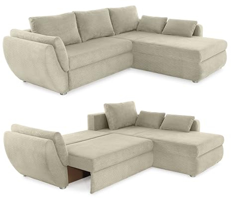 luma-Home 15227/ Ecksofa mit Schlaffunktion und Bettkasten, Beige Grau | B272/T200/H88 cm, Rutschenlehne, Gästebett-Liegefläche 128x224 cm, Ottomane seitenverkehrt montierbar, Cord-Bezug