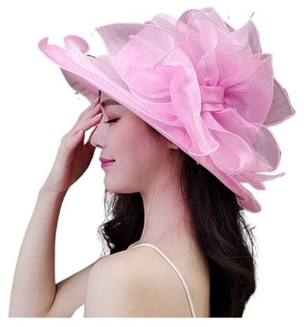 MKLHAVB Hochzeitshüte for Frauen, Elegante breite Krempe, rosa Hüte, Bowknot-Fedoras, Vintage-roter Kirchenhut(Fresh pink)