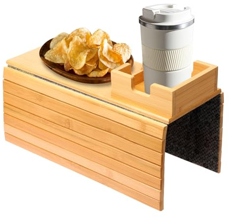 Deuson - Bandeja de sofá, reposabrazos de bambú con portavasos, natural y fácil de limpiar, bandeja flexible para aperitivos, teléfono móvil, control y tazas (a)
