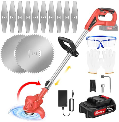 Cordless Strimmer 21V Grass Trimmers with Battery and Metal Blade, Electric Garden Strimmer 90° Head Adjustment for Lawn Edger Pruning Weed