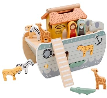 wunderwunsch smallfoot Arche Noah personalisiert Taufgeschenk, Geschenk Taufe Jungen und Mädchen, Motorikspielzeug, Baptism Gift für Kinder als Lernspielzeug (Zur Taufe + Daten)