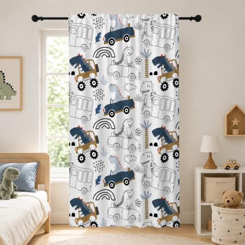 YONGFOTO 107x160cm Coche de Dibujos Animados Cortinas con Bolsillo para Barra Dinosaurio juguetón Dibujado a Mano Autobús Filtración de luz Pestaña Trasera Cortinas para Dormitorio de niño Habitación