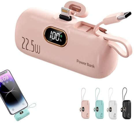 5000mAh Mini Portable Charger Power Bank for phone,Lightning & USB C Double Directional Fast Charging Cell Phone Portable Power,22.5W LCD Display Battery Pack (PINK)