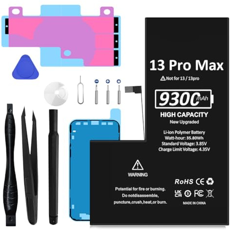 Batterie pour iPhone 13 Pro Max, 9300mAh Batterie de Rechange Haute Capacité Compatible avec iPhone 13 Pro Max modèles A2645, A2644, A2643, A2641, A2484 avec kit d'outils