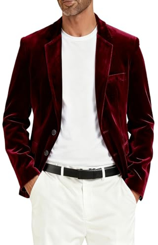 i · FineLong Mens Velvet Blazer Jacket Slim Fit Two Button Sport Coat Tuxedo Jacket for Dinner Prom Wedding (US, Alpha, Large, Regular, Regular, Wine Red)