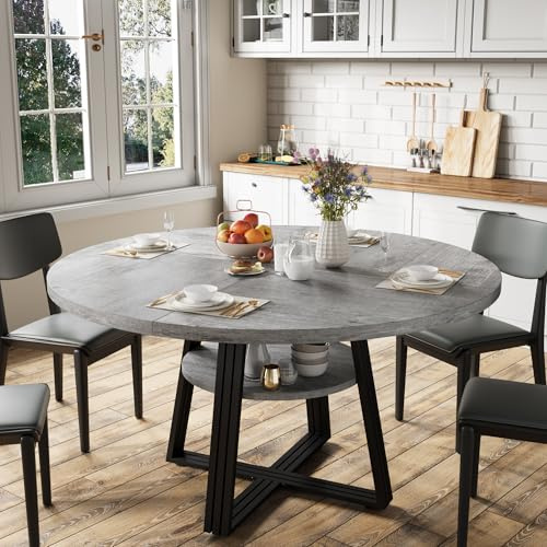 GarveeHome Round Dining Table for 4-6, 47.2 Farmhouse Kitchen Table with Storage, Circle Dinner Tables for Kitchen, Dining Room, Living Room, Meeting Room, Apartment, Grey (Only Table)