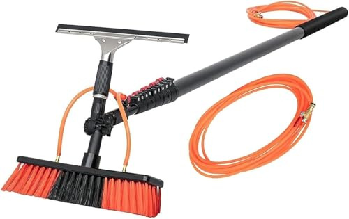Aste Telescopiche per Pulizia di Finestre/Pannelli Solari, Kit Asta Alimentata ad Acqua, Spazzola Alimentata ad Acqua con Tergivetro con Tubo Dell'Acqua da 20M(5.4m/17ft&Head35cm)