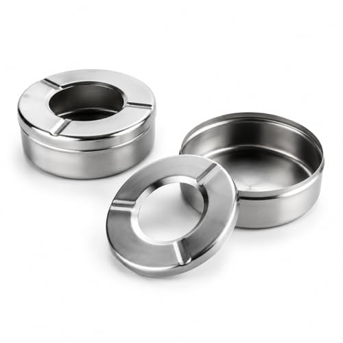 Windproof Ashtray Set of 2, Stainless Steel Outdoor Ashtray with Lid, 12 cm Diameter, for Camping, Balcony and Garden, Rustproof, Dishwasher Safe