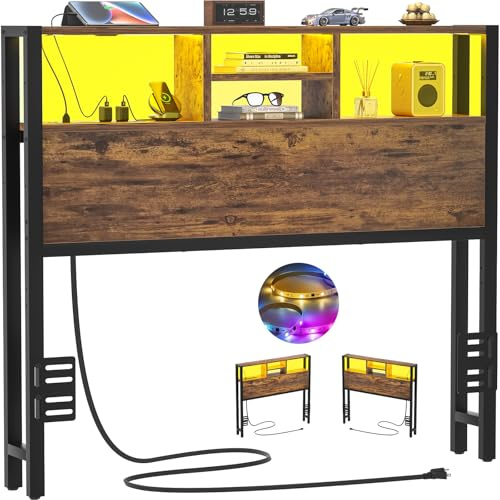 iSunirm Bettkopfteil mit Ablagefächern, 102 cm, mit Steckdosen, USB- und USB-C-Anschlüssen, LED-Beleuchtung, höhenverstellbar, wendbar, robust und stabil, Braun