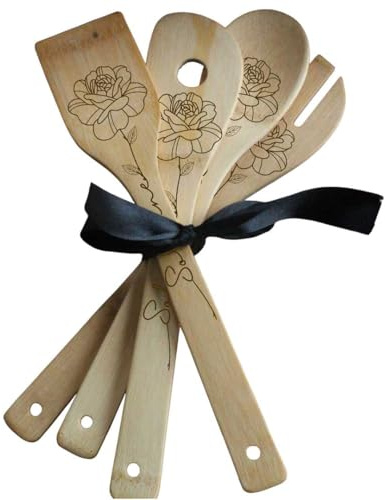 Set de 4 Cuillères en bois bambou Personnalisées – Gravées – Motif Fleurs (Coquelicot, Rose, Pivoine) – Cadeau Maman/Mamie/Prénom personnalisé (Prénom personnalisé Rose)