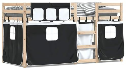 Foknhdi Etagenbett Kiefer massiv 75x190 cm Weiß Schwarz Vorhänge Spielbett mit Rausfallschutz & Leiter platzsparendes Kinderbett für Jugendzimmer Schlafzimmer ab 6 Jahren