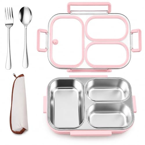 Xanthelle Fiambrera Bento de Acero Inoxidable con 3 Compartimentos, hermética y Apta para microondas, Fiambrera Infantil con divisiones 24x17x6,5 cm, para Adultos, Escuela, Oficina y preparación de