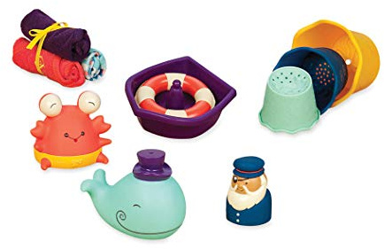 B. toys Wee B. Splashy Baby-Badespielzeug für Badewanne und Sandkasten | 11-teiliges Set mit 2 Spritzfiguren, Boot, Kapitän, Rettungsring, 3 Stapelbechern und 3 Waschlappen, Altersangabe, 0+ Monate