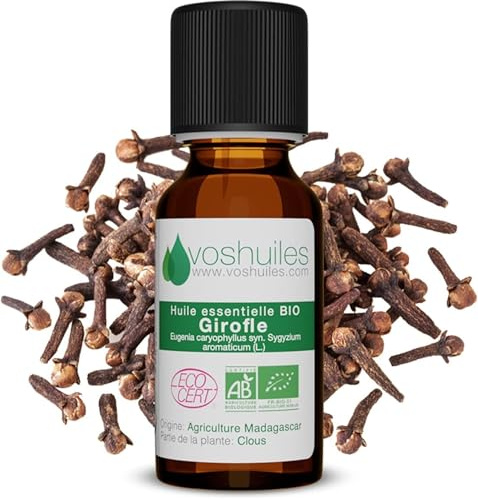 Voshuiles - Huile Essentielle Girofle Bio 20ml - Parfum Chaud - Réconfortant - Réputée pour ses Nombreuses Vertus - Huiles Essentielles de Qualité - 100% Pure et Naturelle - HEBBD et Certifiée ECOCERT