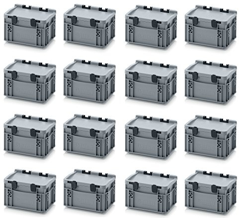 Auer Packaging 16x Eurobehälter-Eurobox 20 x 15 x 13,5 mit Scharnierdeckel inkl. gratis Zollstock, 16er Set