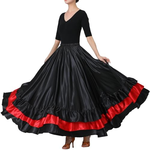Backgarden Women Black Red Layers Satin Long Skirt for Spanish Flamenco Belly Dance Mexico Ballet Folklorico Performance