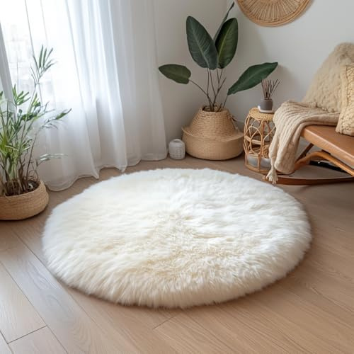 Woolous Round Sheepskin Rug Natural Wool Lambskin, White Circle Area Rug, Ultra Soft & Fluffy Plush Fur Non Slip Carpet for Bedroom, Living Room, Nursery & Floor Decor (3.3x3.3 ft)