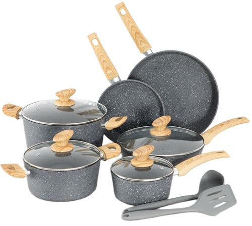 MAISON ARTS Pots and Pans Set Non Stick, 12 Piece Grey Granite Kitchen Cookware Induction Compatible, Pot and Pan Sets for Cooking Nonstick