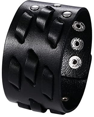 JewelryWe Pulsera Ancha de Cuero con Tachuelas y Tres Cierres Ajustables, Biker Masculina de Tejido Cruzado, Estilo Punk Rock, Gótica Envolvente, Regalo para Hombre