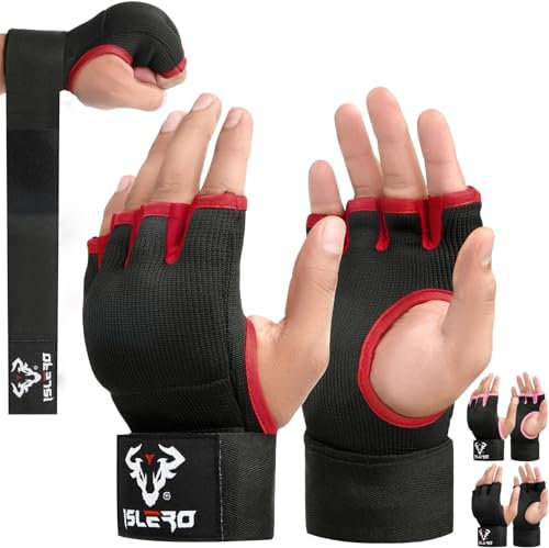 Islero Boxbandagen für Boxen, 93 cm, lange Handgelenkschlaufen, Gel-Innenhandschuhe, elastischer Faustschutz, gepolstert, Muay Thai, MMA, Kampfsport, Boxen, Speedbag, Trainingsbandagen (L/XL, rot)