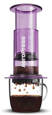 AeroPress Clear Purple Coffee Press – Metodo 3‑in‑1 Combina French Press, Espresso, Caffè Corposo Senza Fondi o Amarezza, Piccola Macchina del Caffè Portatile per Campeggio & Viaggio, Purple